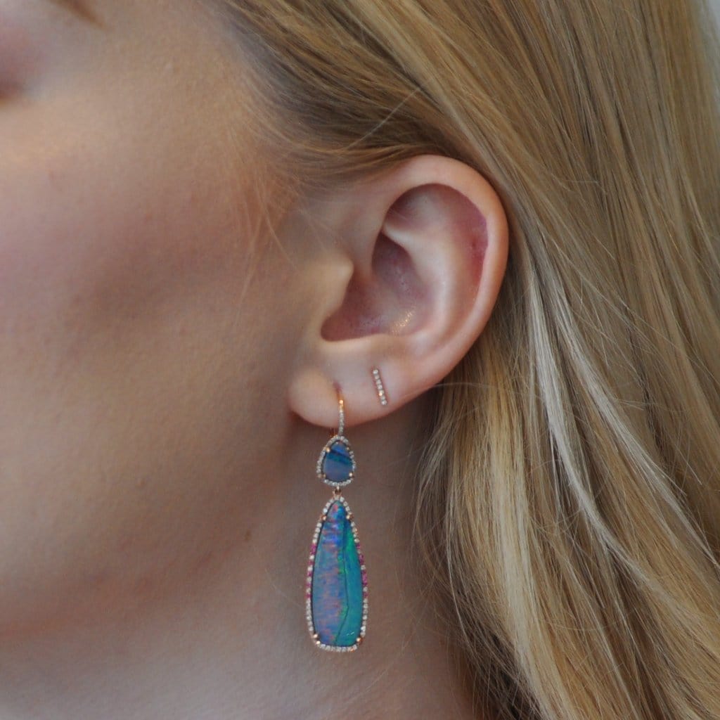 Opal Doublet Pave Diamond  Pink Sapphire Drop Earrings