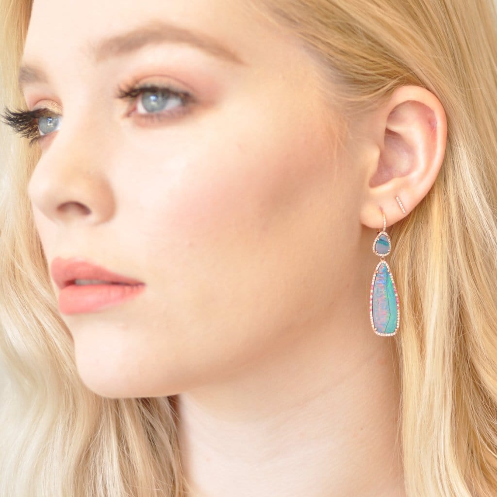 Opal Doublet Pave Diamond & Pink Sapphire Drop Earrings