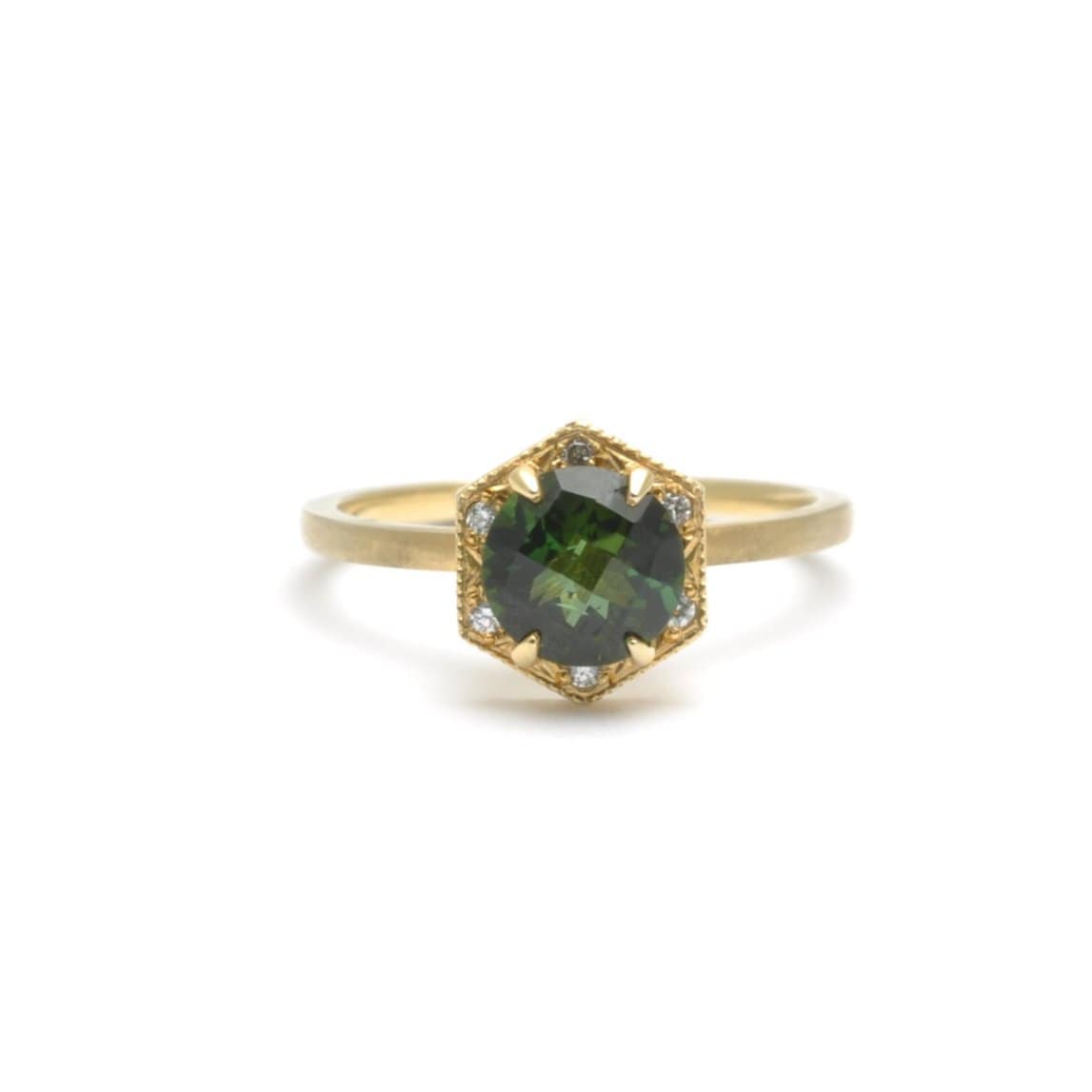 Dark Green Tourmaline with Diamonds Yellow Gold Ring