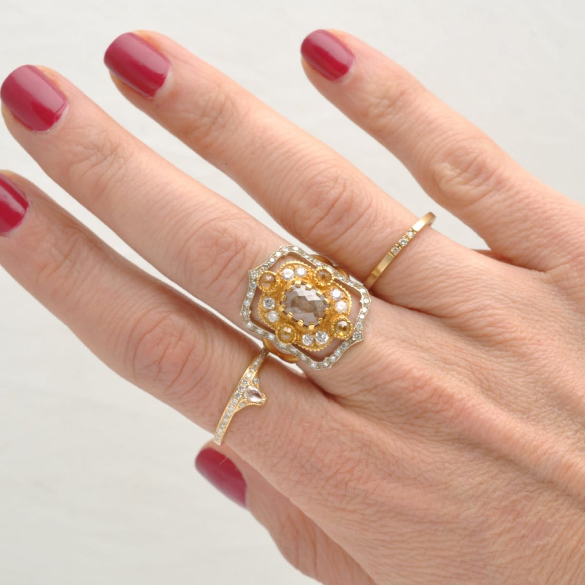 Narrow Three Diamond Matte Yellow Gold Ring