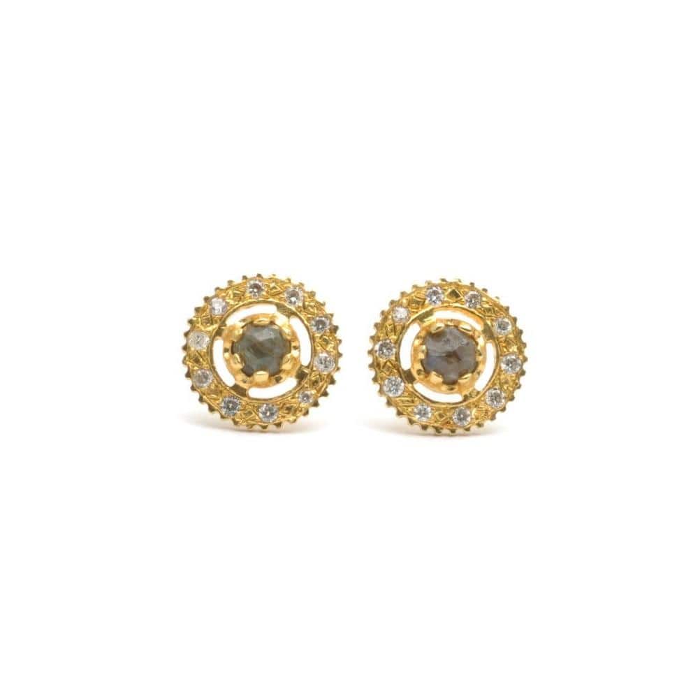 Labradorite Diamond Round Yellow Gold Earrings