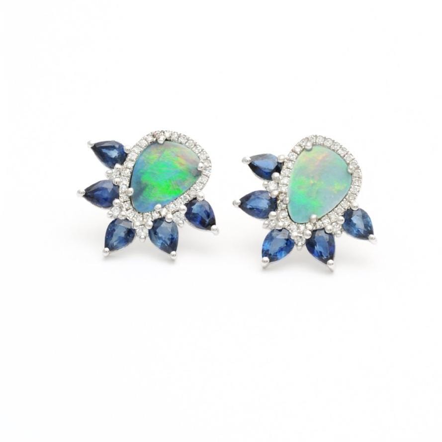 Blue Sapphire Opal Doublet Diamond Earrings