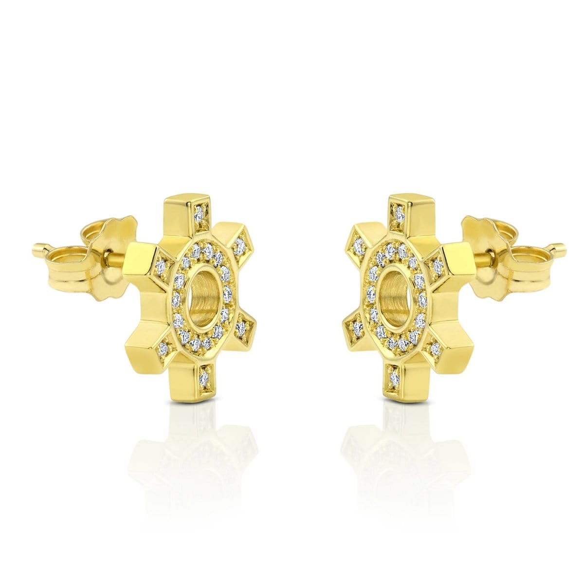 Diamond yellow gold cog earrings