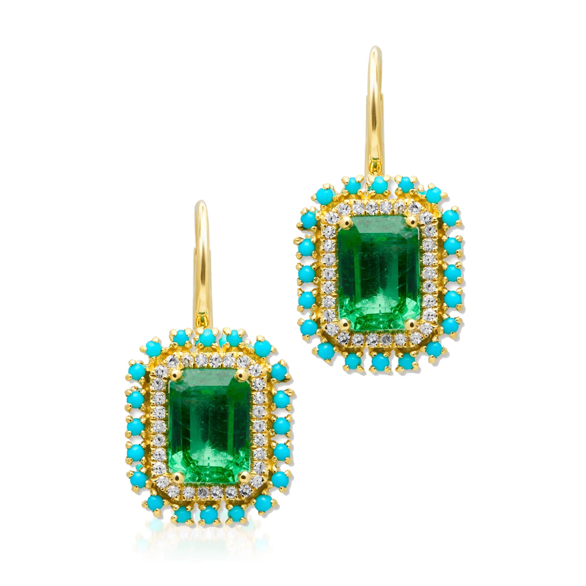 Emerald Diamond Turquoise Halo Drop Earrings