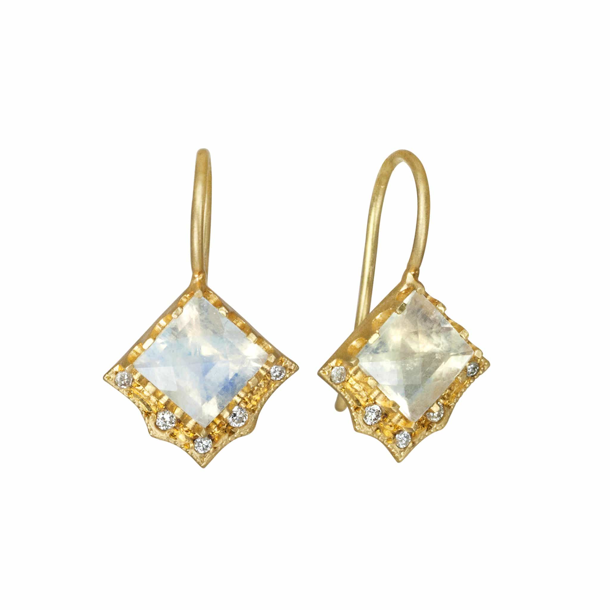Moonstone Diamond Beveled Edge White Gold Earrings