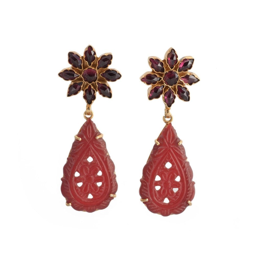 Garnet Flower Carved Agate Drop Earrings - Curated Los Angeles