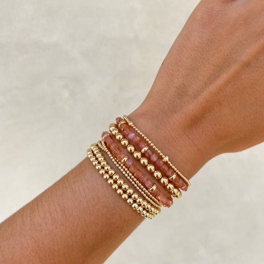 Squared Sunstone and Gold Rondelle Pattern Bead Bracelet