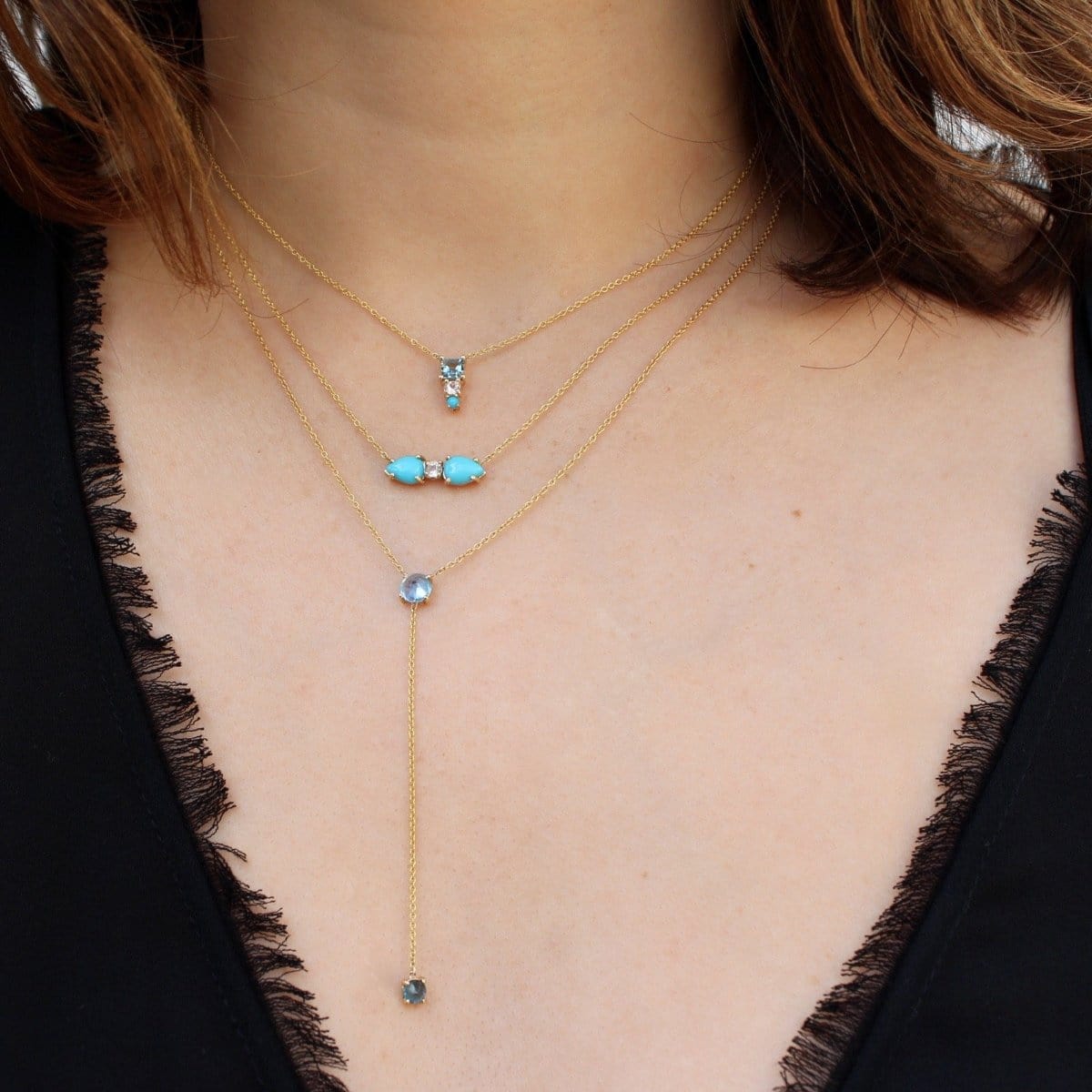 Double Turquoise White Topaz Gold Necklace Curated Los Angeles