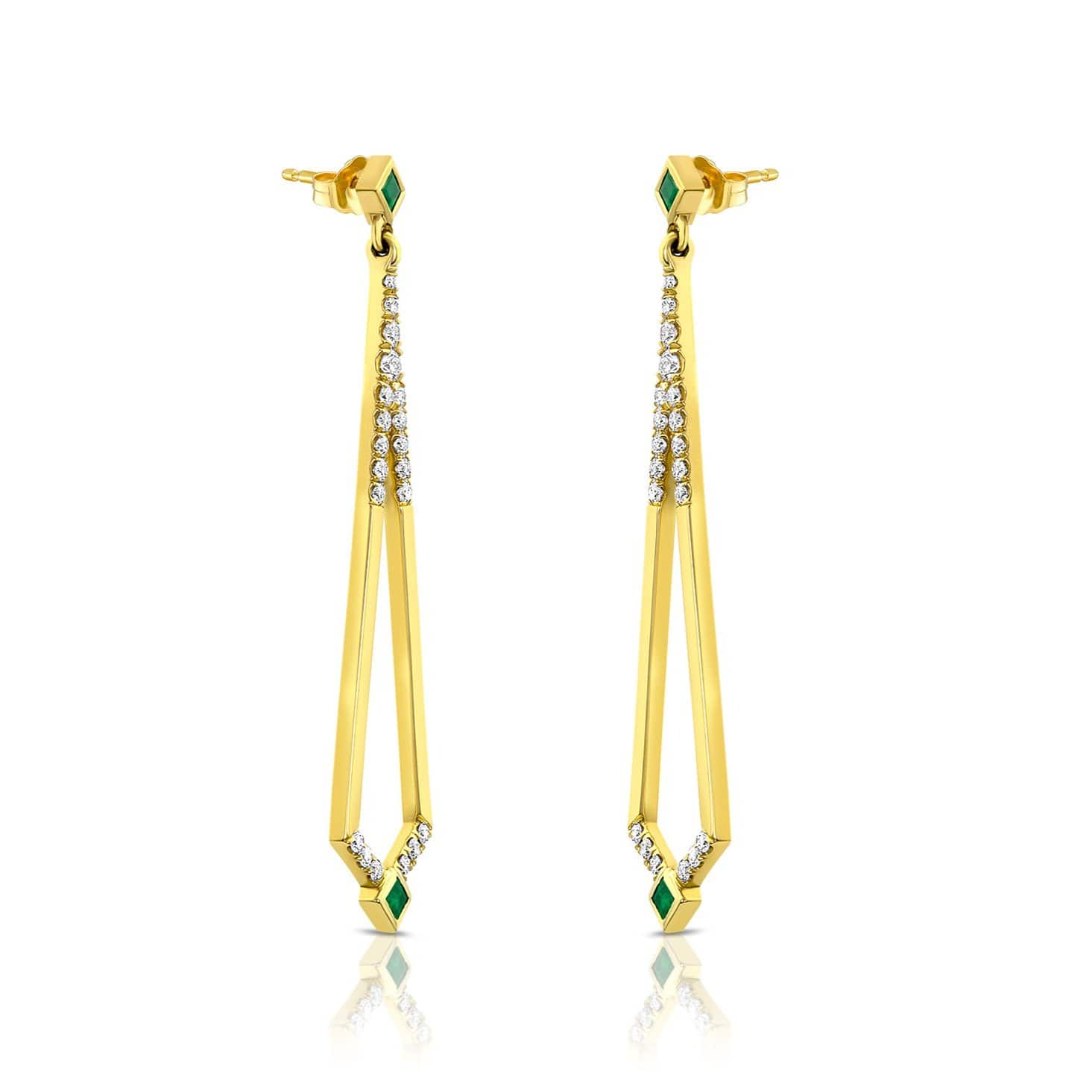 Emerald Diamond Yellow Gold Deco Style Drop Earrings