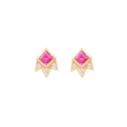 Princess Cut Pink Tourmaline Diamond Gold Studs M Spalten 