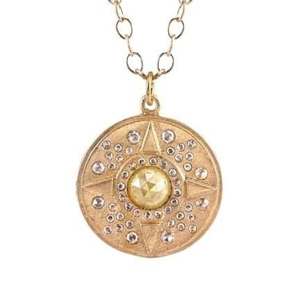 Sun Compass Medallion Rustic Diamond Yellow Gold Necklace