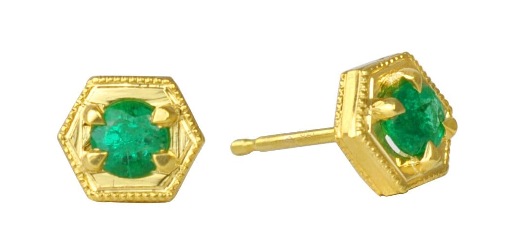 Emerald Gold Hexagon Stud Earrings