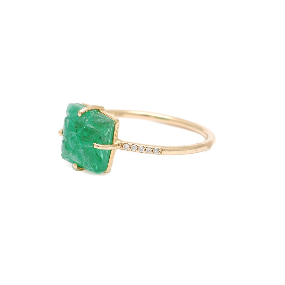 Carved Emerald Flower Diamond Pave Ring