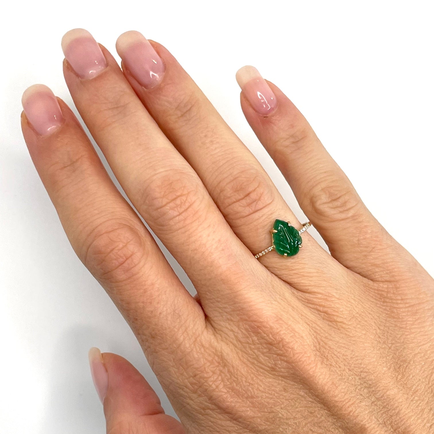 Carved Emerald Leaf Diamond Pave Ring