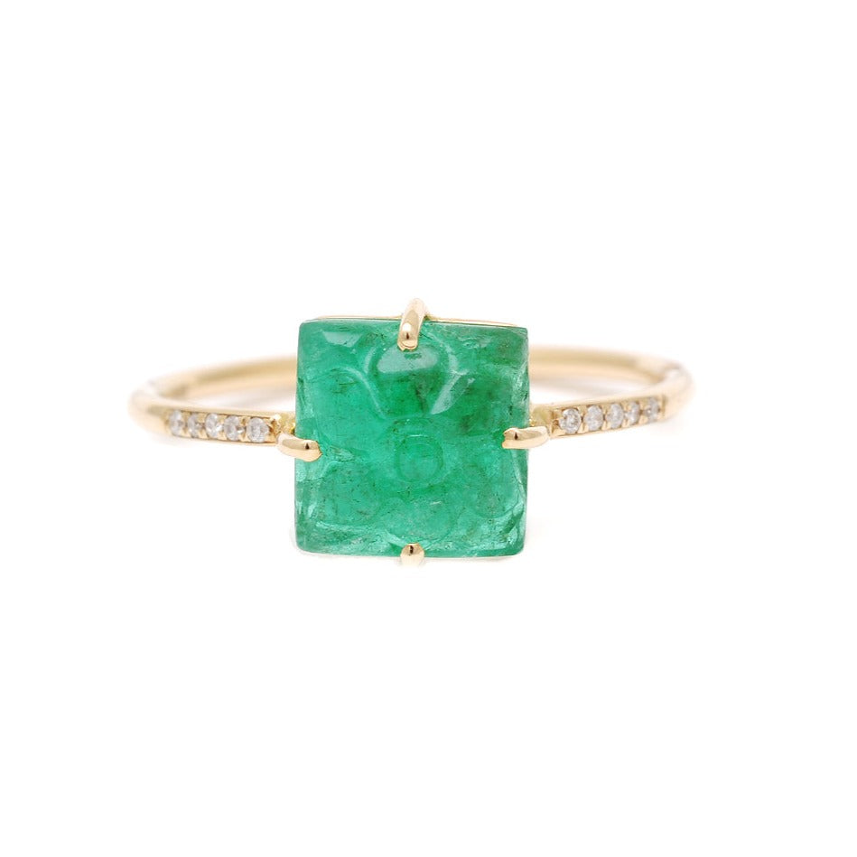 Carved Emerald Flower Diamond Pave Ring