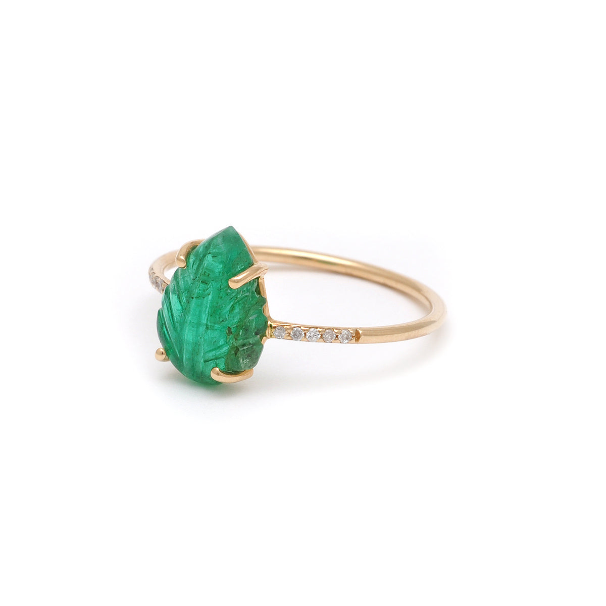 Carved Emerald Leaf Diamond Pave Ring