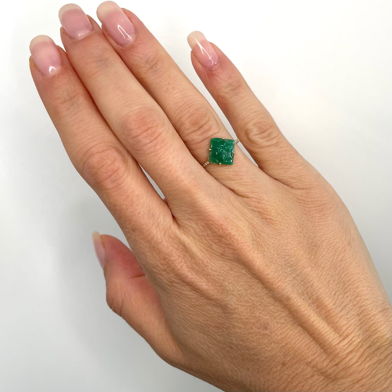Carved Emerald Flower Diamond Pave Ring