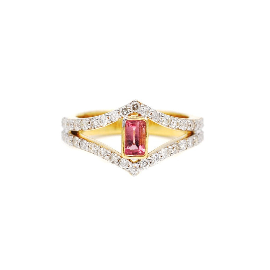 Pave Diamond Double Chevron with Pink Tourmaline Ring