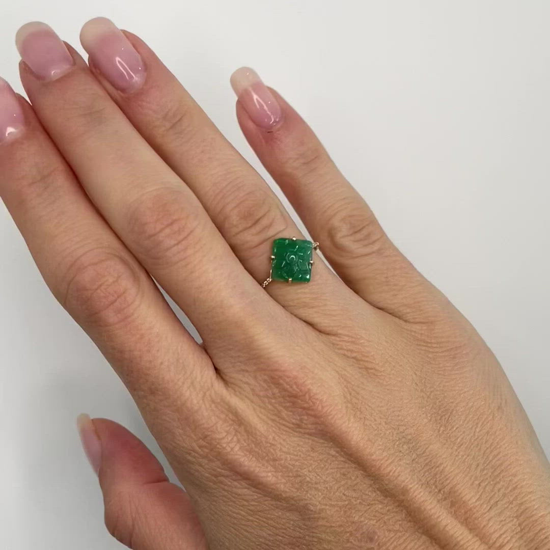 Carved Emerald Flower Diamond Pave Ring