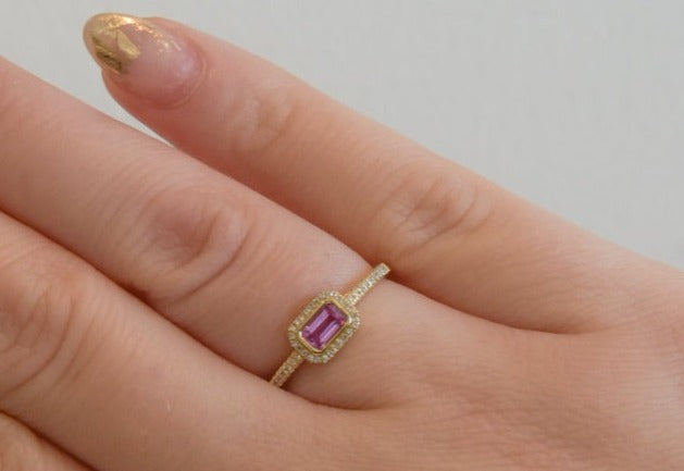 Pink Sapphire Baguette with Diamond Halo Half Eternity Ring