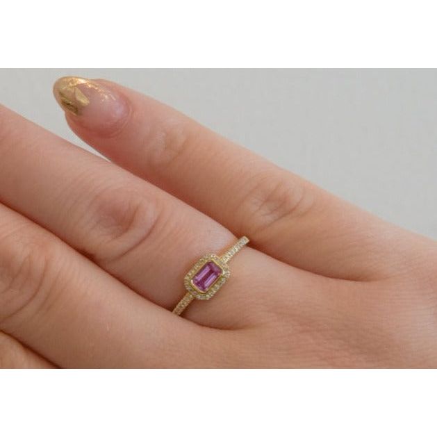 Pink Sapphire Baguette with Diamond Halo Half Eternity Ring