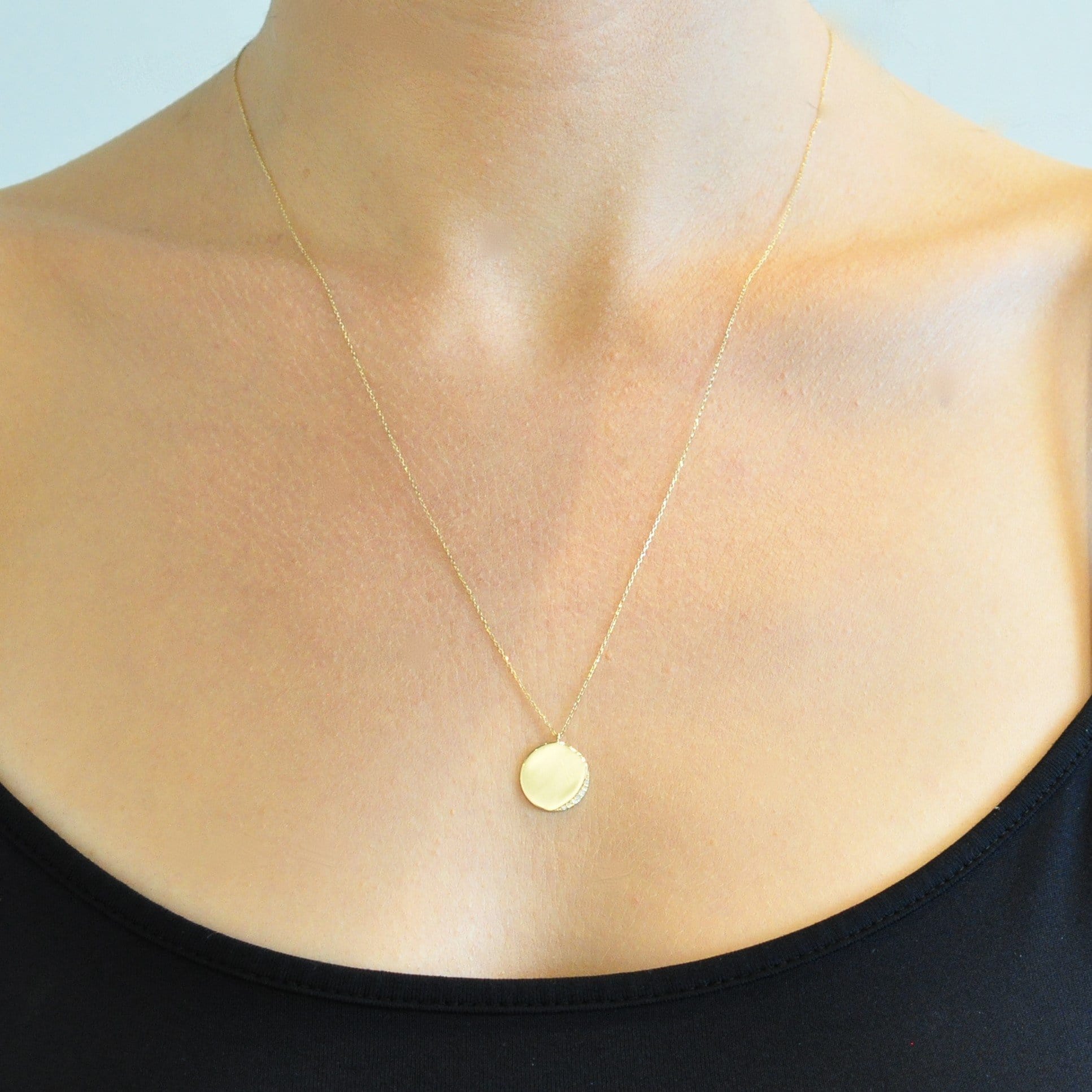Gold Circle Diamond Crescent Necklace