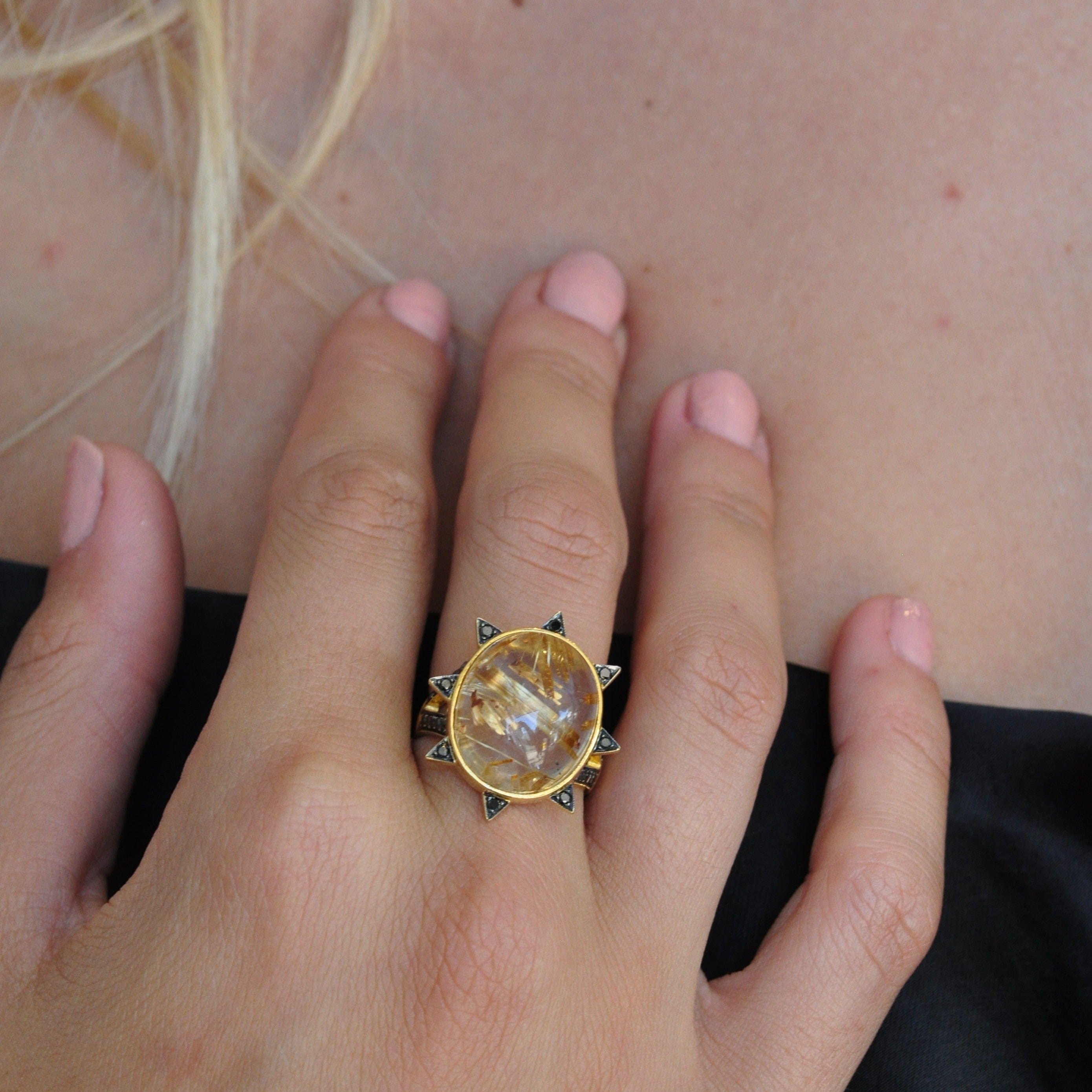 M SPALTEN RINGS Golden Rutilated Quartz Black Diamond Ring