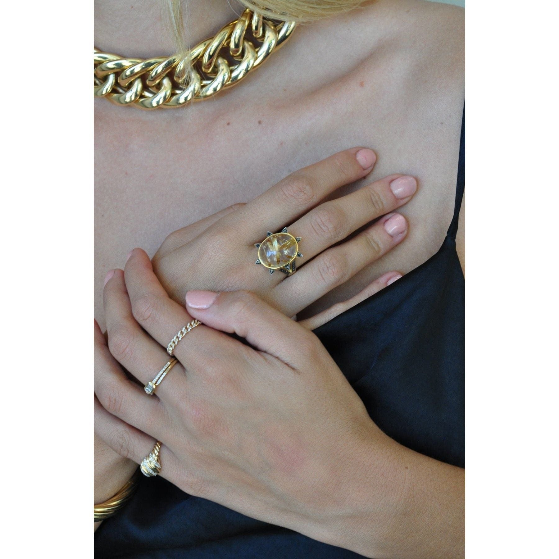 M SPALTEN RINGS Golden Rutilated Quartz Black Diamond Ring