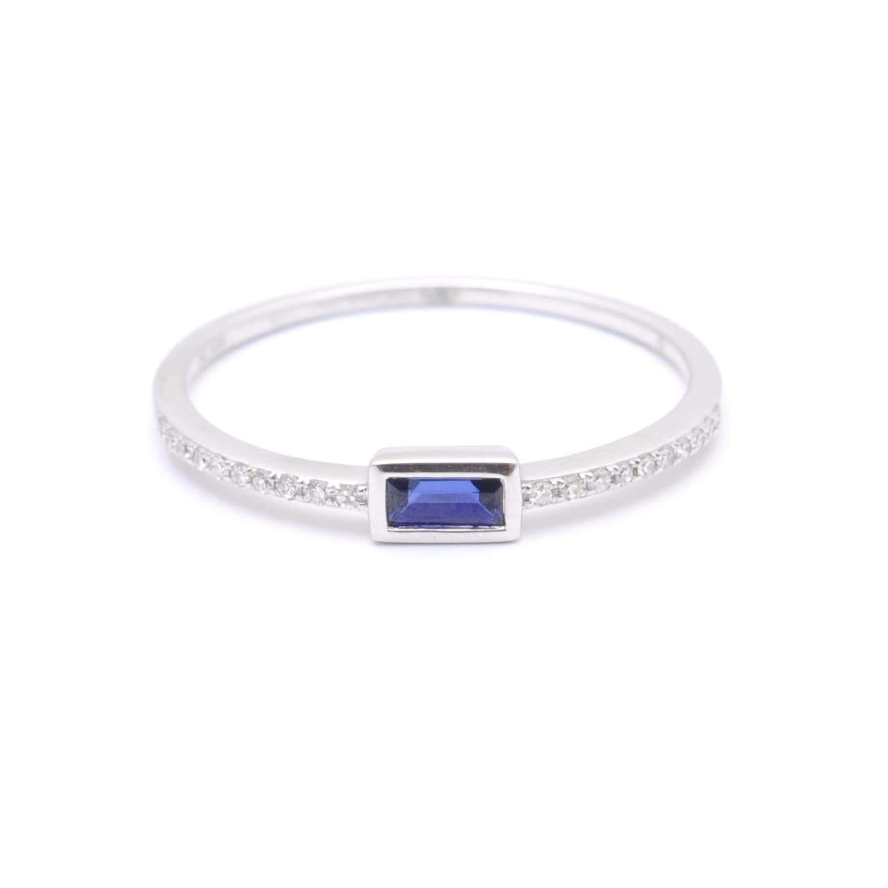 Blue Sapphire Baguette and Pave Ring